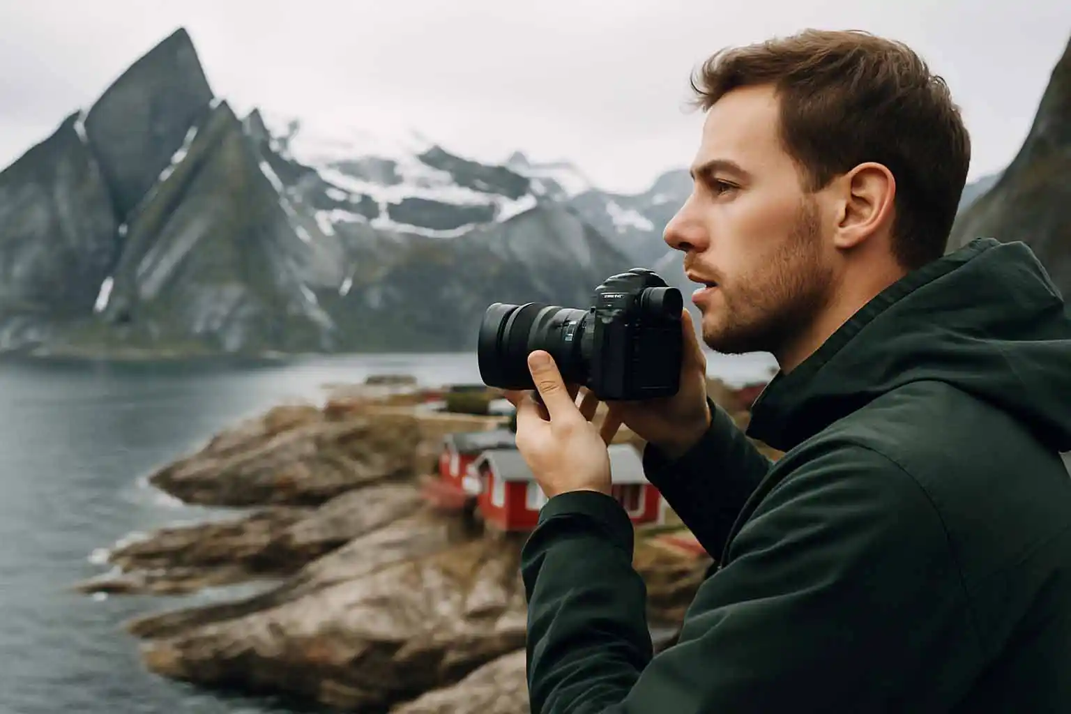 Fotograf fotografiert Landschaft an einer Küstenlocation mit Bergen und Wasser bei einem Outdoor Shooting